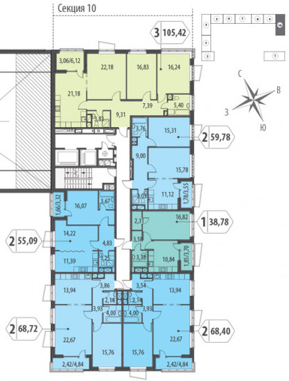 Трёхкомнатная квартира 105.42 м²