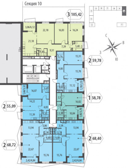 Трёхкомнатная квартира 105.42 м²