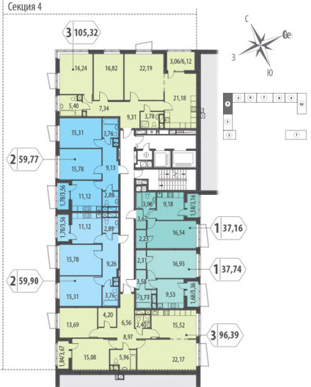 Трёхкомнатная квартира 105.32 м²