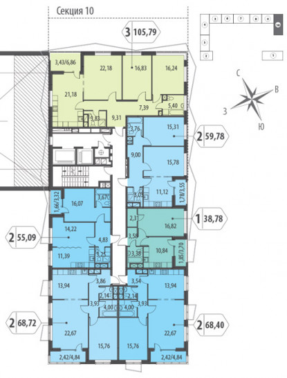 Двухкомнатная квартира 68.72 м²