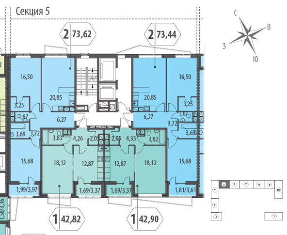 Однокомнатная квартира 42.9 м²